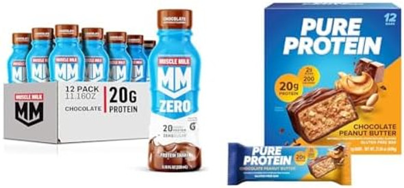 Muscle Milk Zero Protein Shake Chocolate 20G Protein Zero Sugar 100 Calorie 12 Pack And Pure Protein Chocolate Peanut Butter Bars 20G Protein Gluten  1.76Oz 12 Count Muscle Milk Zero Protein Shake Chocolate 20G Protein Zero Sugar 100 Calorie 12 Pack And Pure Protein Chocolate Peanut Butter Bars 20G Protein Gluten  1.76Oz 12 Count
