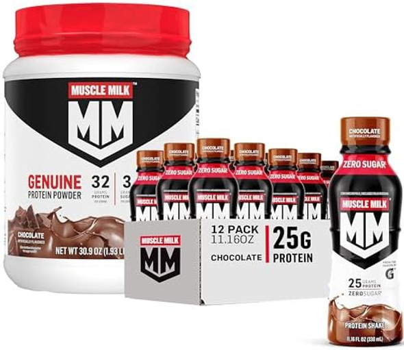 Bundle Of Muscle Milk Genuine Protein Shake, Chocolate, (Pack Of 12), And Muscle Milk Genuine Protein Powder, Chocolate