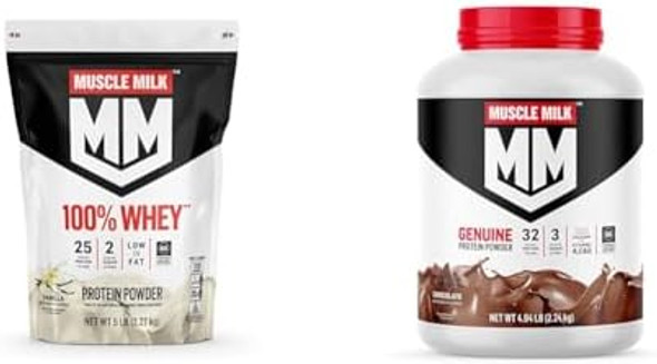 Muscle Milk 100% Whey Protein Powder, Vanilla, 5 Pound, 68 Servings, 25G Protein, 2G Sugar & Genuine Protein Powder, Chocolate, 4.94 Pound, 32 Servings, 32G Protein, 2G Sugar Muscle Milk 100% Whey Protein Powder, Vanilla, 5 Pound, 68 Servings, 25G Protein, 2G Sugar & Genuine Protein Powder, Chocolate, 4.94 Pound, 32 Servings, 32G Protein, 2G Sugar