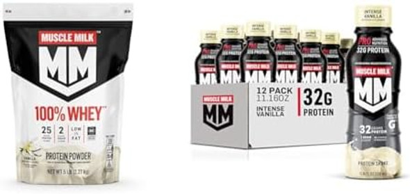 Muscle Milk 100% Whey Protein Powder, Vanilla, 5 Pound, 68 Servings & Pro Advanced Nutrition Protein Shake, Intense Vanilla, 11.16 Fl Oz (12 Pack) Muscle Milk 100% Whey Protein Powder, Vanilla, 5 Pound, 68 Servings & Pro Advanced Nutrition Protein Shake, Intense Vanilla, 11.16 Fl Oz (12 Pack)