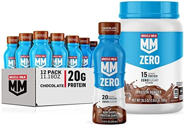 Muscle Mik Zero Shake, Chocolate, 11.16 Fl Oz Bottles (Pack Of 12) + Muscle Milk Zero, 100 Calorie Protein Powder, Chocolate, 15G Protein, 1.65 Pound, 25 Servings Muscle Mik Zero Shake, Chocolate, 11.16 Fl Oz Bottles (Pack Of 12) + Muscle Milk Zero, 100 Calorie Protein Powder, Chocolate, 15G Protein, 1.65 Pound, 25 Servings