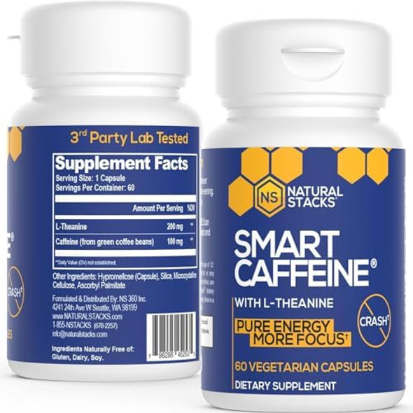 Natural Stacks Smart Caffeine Pills - 100Mg Caffeine + 200Mg L-Theanine Supplement - Supports Energy And Focus - No Jitters And No Crash - 60 Capsules Natural Stacks Smart Caffeine Pills - 100Mg Caffeine + 200Mg L-Theanine Supplement - Supports Energy And Focus - No Jitters And No Crash - 60 Capsules