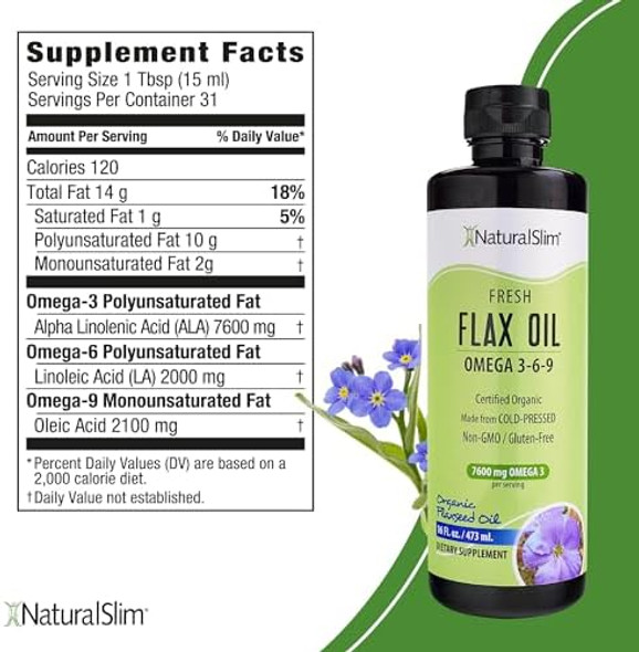 Naturalslim Flaxseed Oil Liquid Fresh Taste Flax Oil Organic Cold Pressed & High In Omega 3 6 9 Fatty Acid Flax Seed Supplement For Healthy Cells, Hair, Skin, & Nails - Fresh Taste 16 Fl. Oz. Naturalslim Flaxseed Oil Liquid Fresh Taste Flax Oil Organic Cold Pressed & High In Omega 3 6 9 Fatty Acid Flax Seed Supplement For Healthy Cells, Hair, Skin, & Nails - Fresh Taste 16 Fl. Oz.