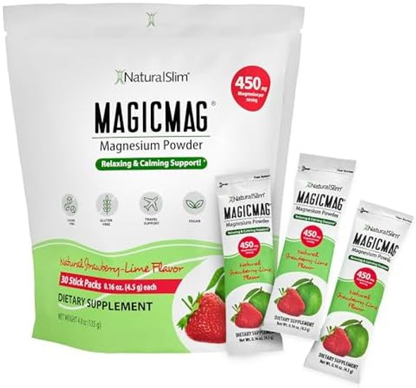 Naturalslim Magicmag Magnesium Packets 30 Stick Pack Magnesium Citrate Powder – Stress, Constipation, Muscle, Heart Health, And Sleep Support  Natural Strawberry & Lime Flavored Magnesium Supplement
