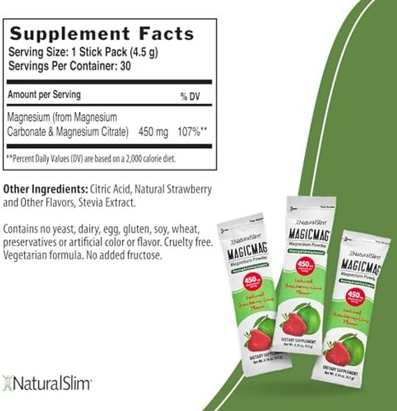 Naturalslim Magicmag Magnesium Packets 30 Stick Pack Magnesium Citrate Powder – Stress, Constipation, Muscle, Heart Health, And Sleep Support  Natural Strawberry & Lime Flavored Magnesium Supplement