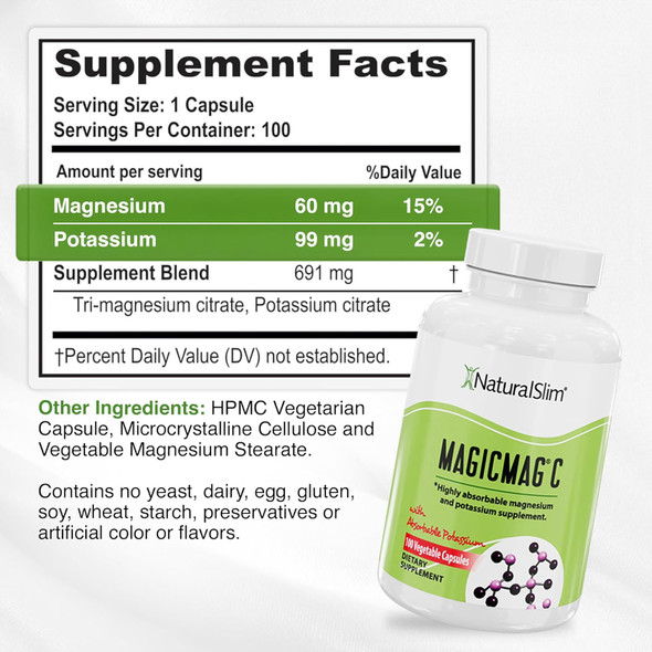 Magicmag C By Naturalslim, Magnesium Citrate With Potassium For Muscle Relaxation, Sleep Quality, Nerve Function & Electrolyte Support, Daily Magnesium Supplement For Men And Women, 100 Capsules 1Pk
