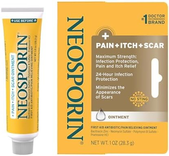Neosporin First Aid Antibiotic Pain-Relieving, Anti-Itch, & Scar Ointment With Neomycin, Bacitracin Zinc, Pramoxine Hcl & Polymyxin B, For Minor Cuts, Scrapes & Burns, 1 Oz Neosporin First Aid Antibiotic Pain-Relieving, Anti-Itch, & Scar Ointment With Neomycin, Bacitracin Zinc, Pramoxine Hcl & Polymyxin B, For Minor Cuts, Scrapes & Burns, 1 Oz