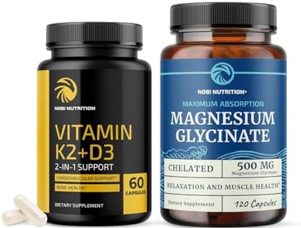 Nobi Nutrition Vitamin D3 K2 And Magnesium Glycinate Supplement  Bone, Heart, And Muscle Support With 5000 Iu D3, K2 Mk7, And 500Mg Magnesium  High Absorption, Immune & Nerve Support  60 Servings Each