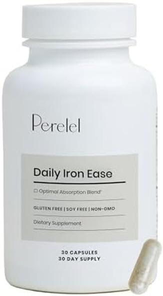 Perelel Daily Iron Ease, 15Mg Iron Supplements With Magnesium, Vitamin C, & Vitamin B12 For Nutrient & Energy Support, Capsules For Women And Men, Soy, Dairy & Gluten , Non Gmo, 30 Pills