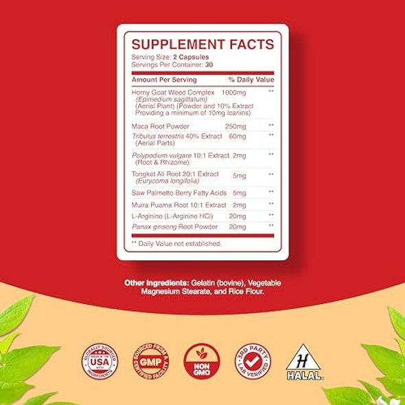 Pure Horny Goat Weed Extract With Maca Powder – Immune Support – Helps Increase Drive And Stamina – Booster For Men And Women Tongkat Ali Plus L-Arginine Increases Energy – 60 Capsules Pure Horny Goat Weed Extract With Maca Powder – Immune Support – Helps Increase Drive And Stamina – Booster For Men And Women Tongkat Ali Plus L-Arginine Increases Energy – 60 Capsules
