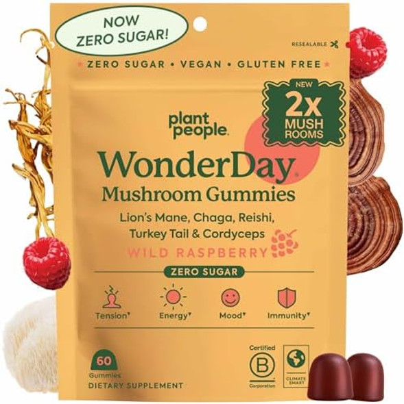 Wonderday Extra Strength Mushroom Gummies – Sugar  Lion’S Mane, Cordyceps, Reishi & Chaga Supplement For Adults – Mood Boost, Energy, Focus, Immune Support & Gut Health – Vegan, Non-Gmo (60 Count)
