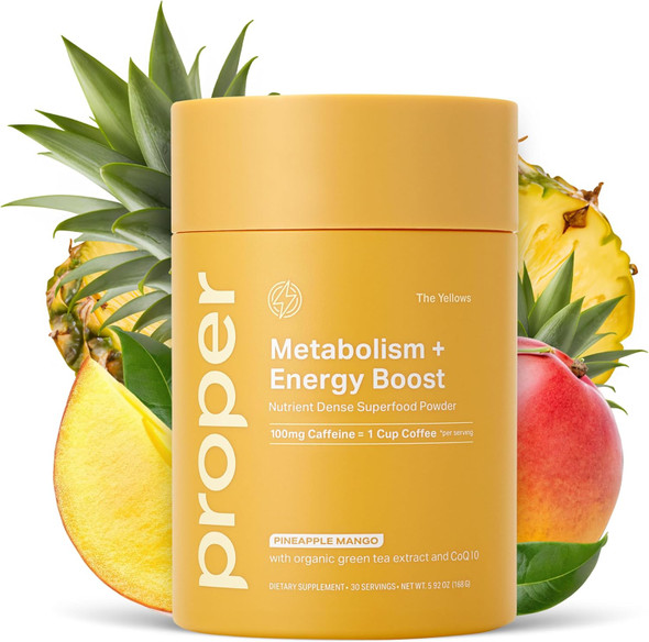 Proper Proper, The Yellows Metabolism And Energy Boost, Sugar  Energy Drink Powder With 100Mg Caffeine. No Creatine Or Beta-Alanine. 30 Servings, Pineapple Mango Drink Mix For Men And Women Proper Proper, The Yellows Metabolism And Energy Boost, Sugar  Energy Drink Powder With 100Mg Caffeine. No Creatine Or Beta-Alanine. 30 Servings, Pineapple Mango Drink Mix For Men And Women