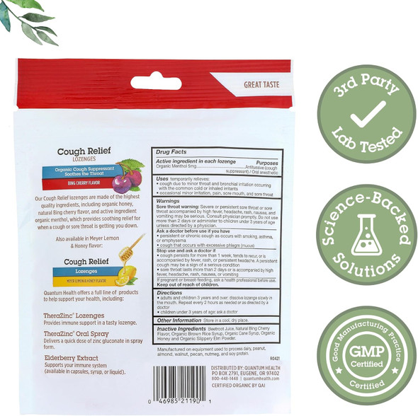 Quantum Health Usda Organic Cough Drops Menthol & Honey Throat Lozenges - Soothing Bing Cherry Flavored Suppressant - Dry Mouth & Sore Throat Relief For Adults & Kids - 18 Count Quantum Health Usda Organic Cough Drops Menthol & Honey Throat Lozenges - Soothing Bing Cherry Flavored Suppressant - Dry Mouth & Sore Throat Relief For Adults & Kids - 18 Count