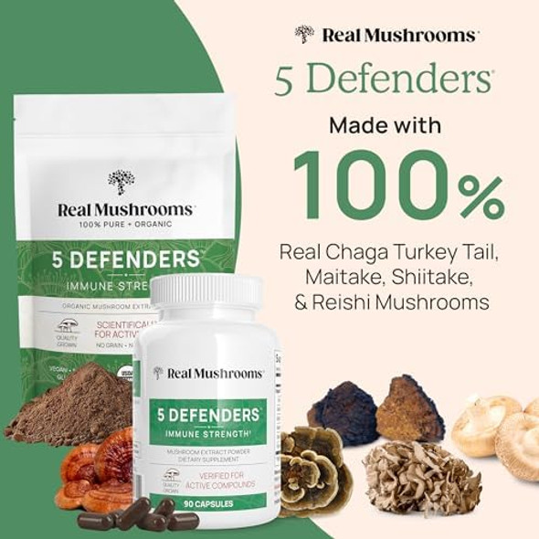 Real Mushrooms 5 Defenders Mushroom Complex Powder – Organic Mushrooms Extract From Chaga, Reishi, Turkey Tail, Maitake & Shiitake Mushroom Blend For Wellness Support With Beta Glucans - 100 Servings Real Mushrooms 5 Defenders Mushroom Complex Powder – Organic Mushrooms Extract From Chaga, Reishi, Turkey Tail, Maitake & Shiitake Mushroom Blend For Wellness Support With Beta Glucans - 100 Servings