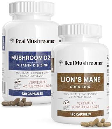 Real Mushrooms Vitamin D2, Zinc, Chaga, Reishi (120Ct) And Lion'S Mane (120Ct) Bundle - Immunity And Cognitive Support, Chelated Zinc For Improved Absorption - Vegan, Gluten , Non-Gmo