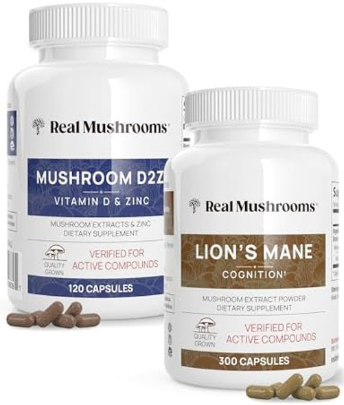 Real Mushrooms Vitamin D2, Zinc, Chaga, Reishi (120Ct) And Lion'S Mane (300Ct) Bundle - Immunity And Cognitive Support, Chelated Zinc For Improved Absorption - Vegan, Gluten , Non-Gmo