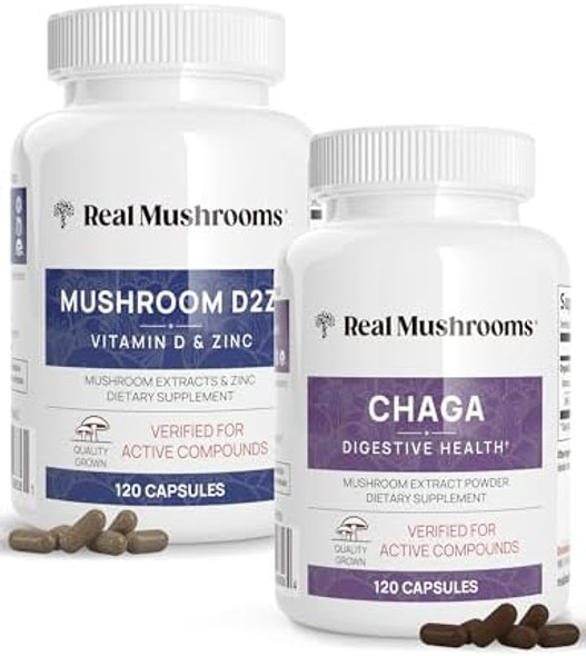 Real Mushrooms Vitamin D2, Zinc (120Ct) And Chaga (120Ct) With Reishi Bundle - Natural Support For Immune Strength And Digestive Health - Vegan, Gluten , Non-Gmo, Organic Mushroom Extracts