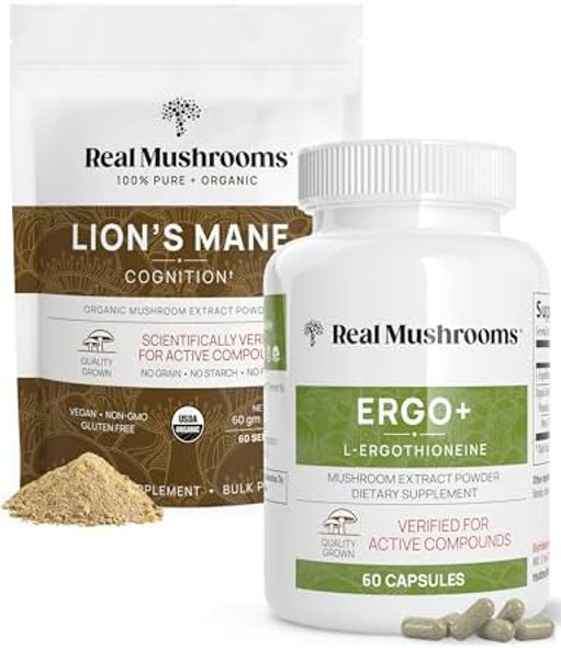 Real Mushrooms Ergothioneine (60Ct) And Lion’S Mane Organic Powder (60 Servings) Bundle With Shiitake And Oyster Mushroom Extracts - Longevity And Cognition - Vegan, Gluten , Non-Gmo