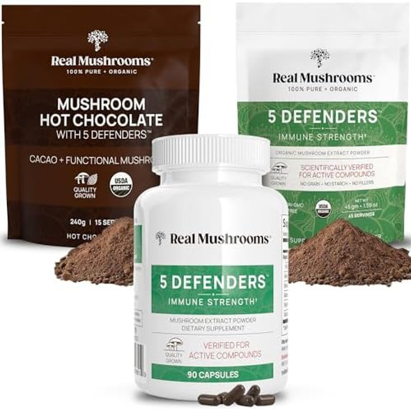 Real Mushrooms Hot Chocolate Mix (15Srv), 5 Defenders Extract Powder (45Srv), & 5 Defenders Supplements (90Ct) Bundle To Support Immunity & Overall Wellbeing - Gluten-, Non-Gmo, Vegan