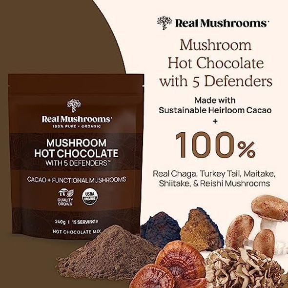 Real Mushrooms Hot Chocolate Mix (15Srv), 5 Defenders Extract Powder (45Srv), & 5 Defenders Supplements (90Ct) Bundle To Support Immunity & Overall Wellbeing - Gluten-, Non-Gmo, Vegan