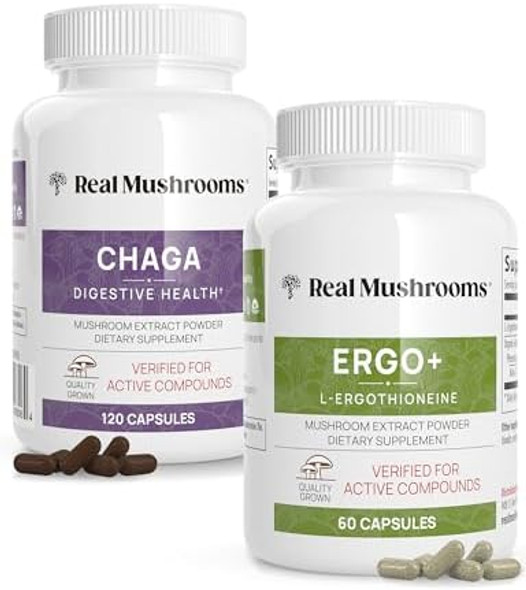 Real Mushrooms Ergothioneine (60Ct) And Chaga (120Ct) Bundle With Shiitake And Oyster Mushroom Extract - Longevity, Digestive Health - Vegan, Gluten , Non-Gmo - Natural Support For Healthy Aging