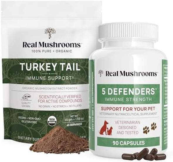 Real Mushrooms Turkey Tail Powder For Humans (45 Servings) & Turkey Tail For Pets (90Ct) - Powder & Capsules Bundle For Immune Support - Vegan, Non-Gmo, Grain-, Gluten-