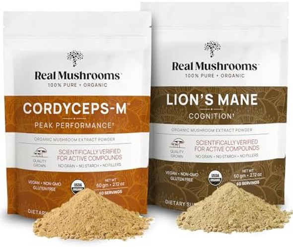 Lions Mane (60G) And Cordyceps (60G) Mushroom Extract Powder Bundle - Mushroom Supplement For Cognition, Energy And Endurance
