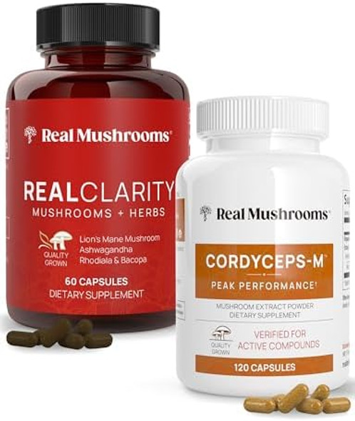 Real Mushrooms Realclarity (60Ct) And Cordyceps (120Ct) Capsules Bundle - Mushroom Supplement For Mental Clarity, Focus, Energy & Vitality - Vegan, Non-Gmo, Verified Levels Of Beta-Glucans Real Mushrooms Realclarity (60Ct) And Cordyceps (120Ct) Capsules Bundle - Mushroom Supplement For Mental Clarity, Focus, Energy & Vitality - Vegan, Non-Gmo, Verified Levels Of Beta-Glucans