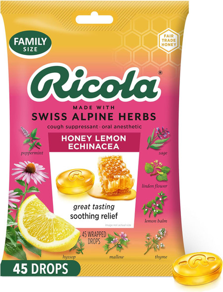 Ricola Honey Lemon With Ecea Cough Drops 45 Count Delicious Throat Relief and  Care Oral Anesthetic Naturally Flavored Ricola Honey Lemon With Ecea Cough Drops 45 Count Delicious Throat Relief and  Care Oral Anesthetic Naturally Flavored