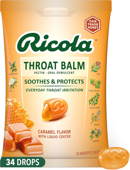 Ricola Throat Balm Caramel Throat Drops With Liquid Center, 34 Count (Pack Of 4) Coat & Protect Your Throat, Daily Throat Relief & Protection, Oral Demulcent Ricola Throat Balm Caramel Throat Drops With Liquid Center, 34 Count (Pack Of 4) Coat & Protect Your Throat, Daily Throat Relief & Protection, Oral Demulcent