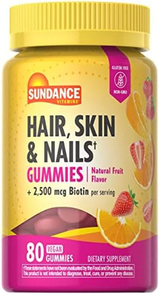 Sundance Hair, Skin, And Nails Gummies With Biotin  2500 Mcg  80 Count  Fruit Flavor Vitamin  Vegan, Non-Gmo & Gluten  Supplement Sundance Hair, Skin, And Nails Gummies With Biotin  2500 Mcg  80 Count  Fruit Flavor Vitamin  Vegan, Non-Gmo & Gluten  Supplement