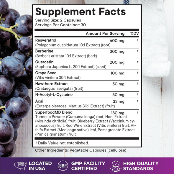 Superfood Md Resveratrol Berberine Grape Seed Extract Quercetin - Polyphenol Supplement With Noni Extract, N-Acetyl Cysteine, Acai Extract - Made In The Usa - 120 Capsules Superfood Md Resveratrol Berberine Grape Seed Extract Quercetin - Polyphenol Supplement With Noni Extract, N-Acetyl Cysteine, Acai Extract - Made In The Usa - 120 Capsules