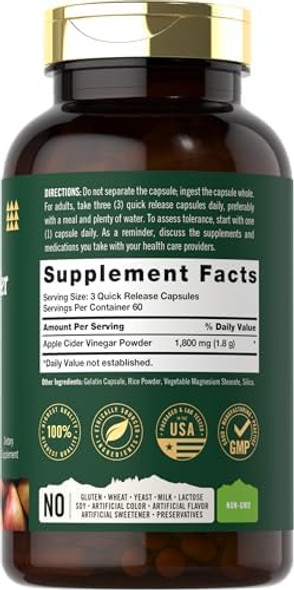 Tahoe Nutritionals Apple Cider Vinegar Capsules  1800Mg  180 Count  Non-Gmo, Gluten- Supplement