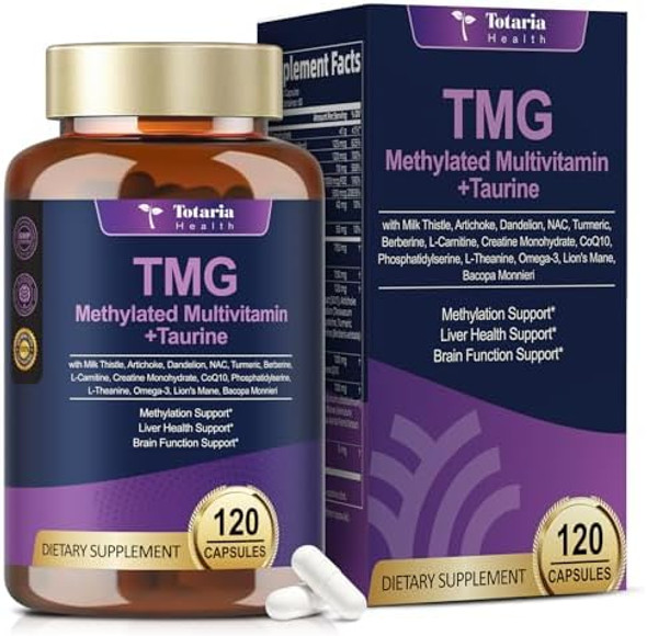 Totaria 24-In-1 Methylated Multivitamin Tmg Taurine Supplements (Trimethylglycine), Powerful Betaine Anhydrous, W/B Complex, B12, B9, Nac, For Heart, Liver, Brain, 120 Capsules, 60 Day Supply Totaria 24-In-1 Methylated Multivitamin Tmg Taurine Supplements (Trimethylglycine), Powerful Betaine Anhydrous, W/B Complex, B12, B9, Nac, For Heart, Liver, Brain, 120 Capsules, 60 Day Supply