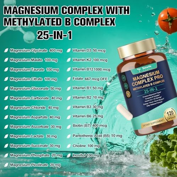 Totaria 25-In-1 Magnesium Complex With Methylated B Complex Magnesium Glycinate Citrate Malate Taurate Gluconate Aspartate Carbonate D3 K2, Magnesium Supplement For Relaxation Energy & Nerve, 120 Vegan Caps