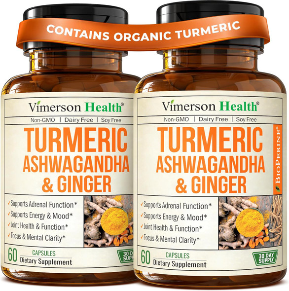 Vimerson Health Ashwagandha Turmeric Curcumin Supplement With Ginger - Organic Turmeric Supplement, Curcumin With Black Pepper (95% Curcuminoids), Ginger Root For Joint Health, Energy & Immune Support. 60 Capsules Vimerson Health Ashwagandha Turmeric Curcumin Supplement With Ginger - Organic Turmeric Supplement, Curcumin With Black Pepper (95% Curcuminoids), Ginger Root For Joint Health, Energy & Immune Support. 60 Capsules