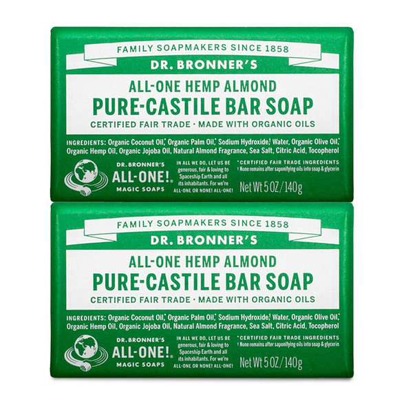 Dr. Bronner’s - Pure-Castile Bar Soap (Almond, 5 ounce, 2-Pack) - Made with Organic Oils, For Face, Body and Hair, Gentle and Moisturizing, Biodegradable, Vegan, Cruelty-free, Non-GMO