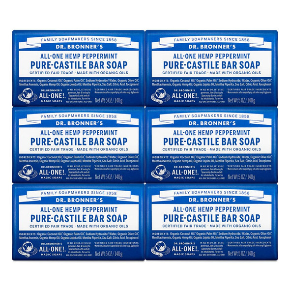 Dr. Bronner’s - Pure-Castile Bar Soap (Peppermint, 5 ounce, 6-Pack) - Made with Organic Oils, For Face, Body & Hair, Gentle & Moisturizing, Biodegradable, Vegan, Cruelty-free, Non-GMO