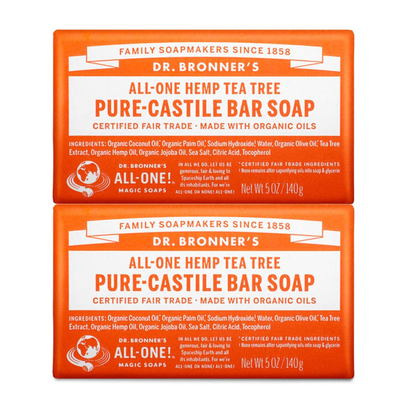 Dr. Bronner’s - Pure-Castile Bar Soap (Tea Tree, 5 ounce, 2-Pack) - Made with Organic Oils, For Face, Body, Hair and Dandruff, Gentle on Acne-Prone Skin, Biodegradable, Vegan, Non-GMO