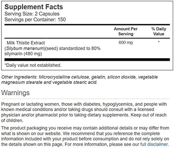 Vitacost Milk Thistle Extract - Standardized - 600 Mg Per Serving - 300 Capsules Vitacost Milk Thistle Extract - Standardized - 600 Mg Per Serving - 300 Capsules