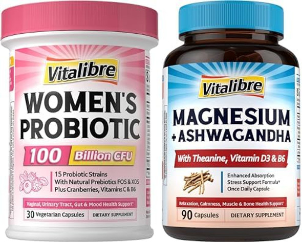 Vitalibre Probiotics For Women 100 Billion Cfu 15 Strains 30 Capsules Magnesium Complex With Ashwagandha & L-Theanine 120 Capsules Vitalibre Probiotics For Women 100 Billion Cfu 15 Strains 30 Capsules Magnesium Complex With Ashwagandha & L-Theanine 120 Capsules
