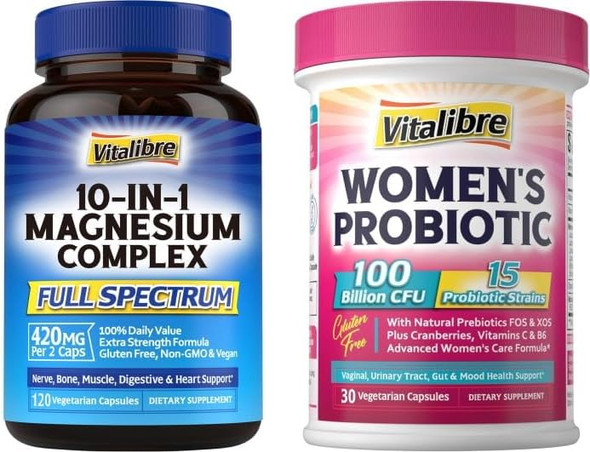 Vitalibre Women'S Probiotics 100 Billion Cfu & Magnesium Complex Supplement 10-In-1 420Mg