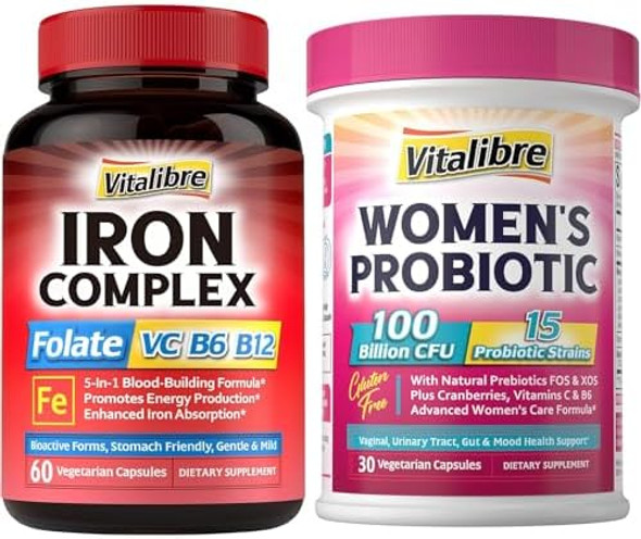 Vitalibre Iron Supplement For Women & Men, With Vitamins C, B6, B12 & Folate+Vitalibre Women'S Probiotics 100 Billion Cfu, 15 Strains, W/Prebiotic, Cranberry, Vitamin B6 & Vc, Vitalibre Iron Supplement For Women & Men, With Vitamins C, B6, B12 & Folate+Vitalibre Women'S Probiotics 100 Billion Cfu, 15 Strains, W/Prebiotic, Cranberry, Vitamin B6 & Vc,