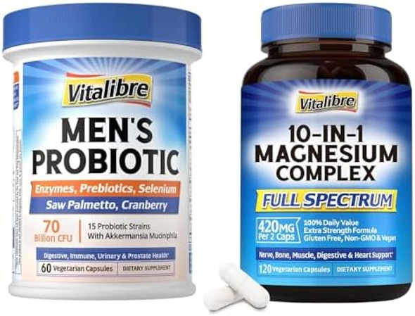 Vitalibre 10 In 1 Magnesium Complex, 120 Vegan Capsules & Probiotics For Men, 70 Billion Cfu 15 Strains Vitalibre 10 In 1 Magnesium Complex, 120 Vegan Capsules & Probiotics For Men, 70 Billion Cfu 15 Strains