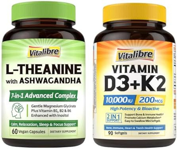 Vitalibre Vitamin D3 K2 10000 Iu 90 Caps And L-Theanine 200Mg Supplement 60 Caps Vitalibre Vitamin D3 K2 10000 Iu 90 Caps And L-Theanine 200Mg Supplement 60 Caps