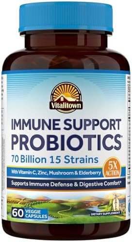 Vitalitown Probiotics 70 Billion Cfu, Immune Support Probiotics Supplement, 15 Clinical-Strength Strains, With Vitamin C, Zinc, Elderberry & Ecea, Digestive Health, 60 Vegan Capsules, Non-Gmo