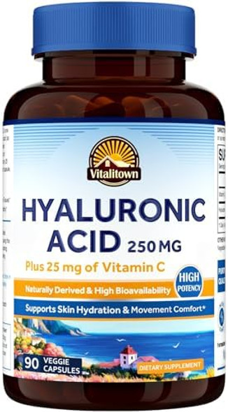 Vitalitown Hyaluronic Acid Supplements 250 Mg, Plus 25 Mg Vitamin C, Naturally Derived & High Bioavailability, Skin Hydration, 90 Vegan Capsules, 3 Month Supply Vitalitown Hyaluronic Acid Supplements 250 Mg, Plus 25 Mg Vitamin C, Naturally Derived & High Bioavailability, Skin Hydration, 90 Vegan Capsules, 3 Month Supply