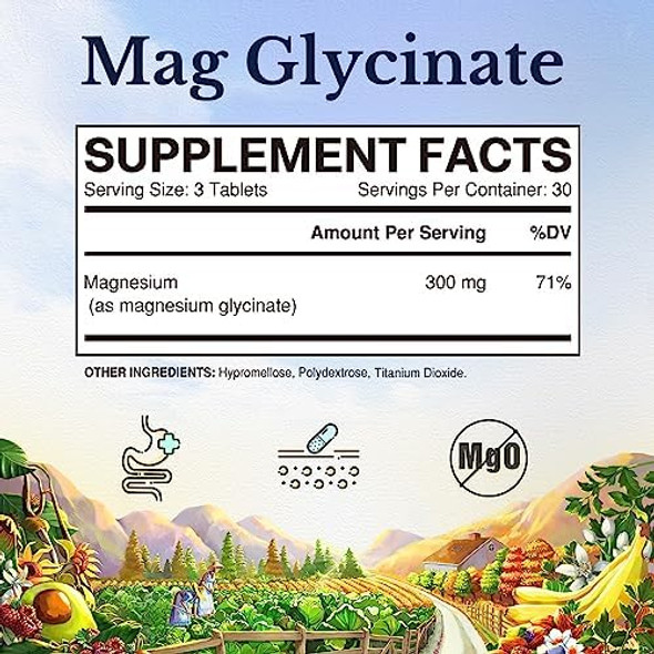 Vitalitown Magnesium Glycinate  Chelated, Non Buffered 300Mg Elemental Magnesium  Most Bioavailable, Fully Reacted  Bone, Muscle, Calm, Sleep, Heart Healths  90 Tablets, Non-Gmo
