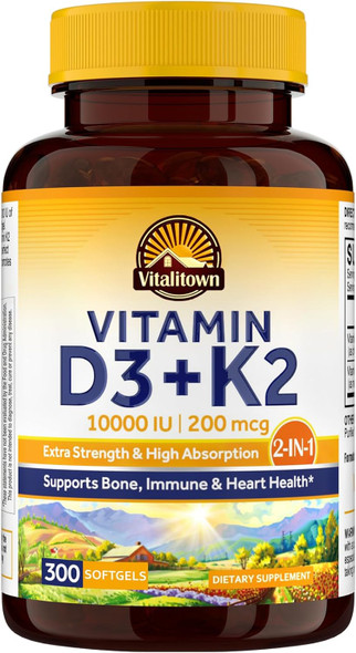Vitalitown Vitamin D3 K2 Supplement, Vitamin D3 10000 Iu Vitamin K2 (Mk7) 200 Mcg, 90 Softgels, Non-Gmo, No Gluten & Soy, For Bone, Teeth, Immune & Heart Health