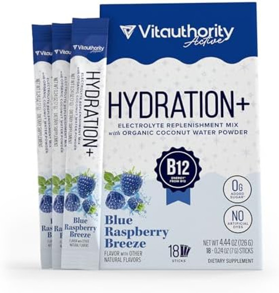 Vitauthority Hydration Electrolyte Powder Packets Blend Magnesium Calcium Sodium Potassium  Coconut Water + Vitamin C & B12  Sugar-, Vegan, Non-Gmo, Energy & Immune Support, 18 Servings Blue Raspberry Flavor